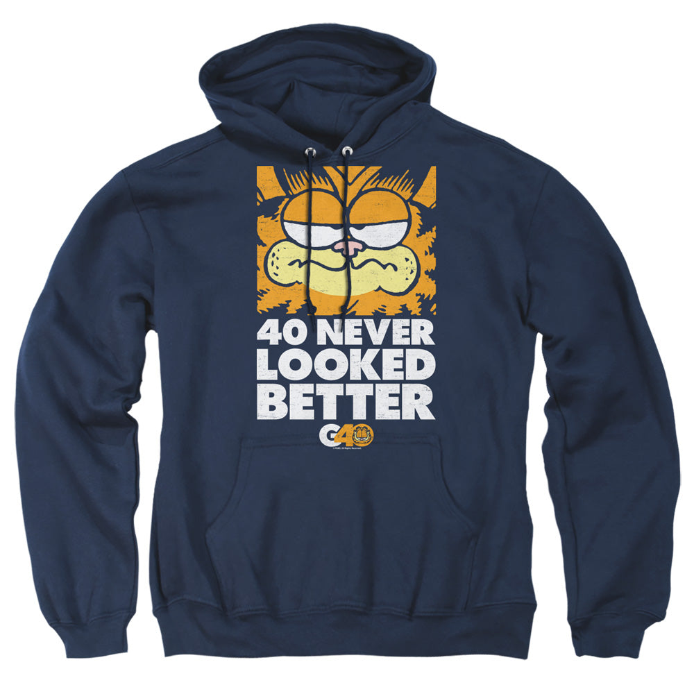 AN OFFCIALLY LICENSED GARFIELD 40 LOOKS ADULT UNISEX PULLOVER HOODIE NAVY