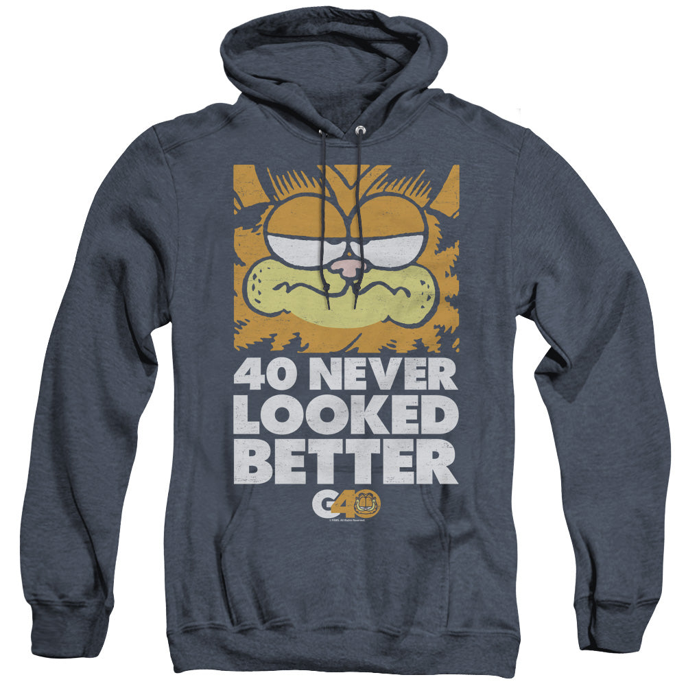 AN OFFCIALLY LICENSED GARFIELD 40 LOOKS ADULT UNISEX HEATHER PULLOVER HOODIE NAVY