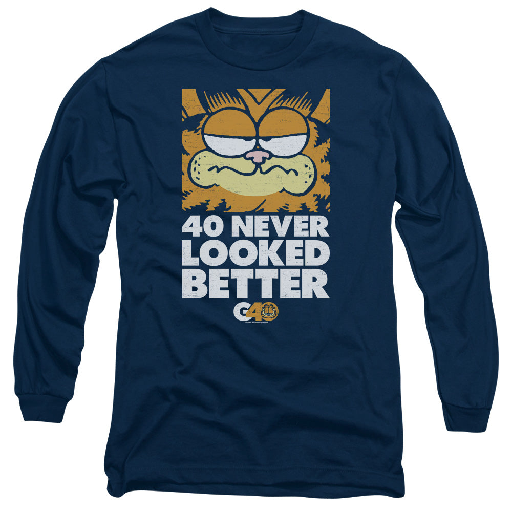 AN OFFCIALLY LICENSED GARFIELD 40 LOOKS MEN'S LONG SLEEVE T-SHIRT NAVY