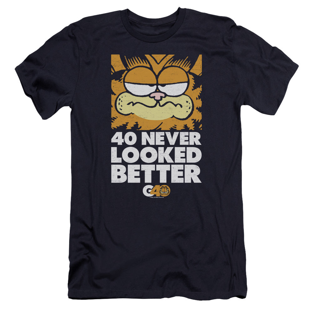 AN OFFCIALLY LICENSED GARFIELD 40 LOOKS MEN'S PREMIUM SLIM FIT T-SHIRT NAVY