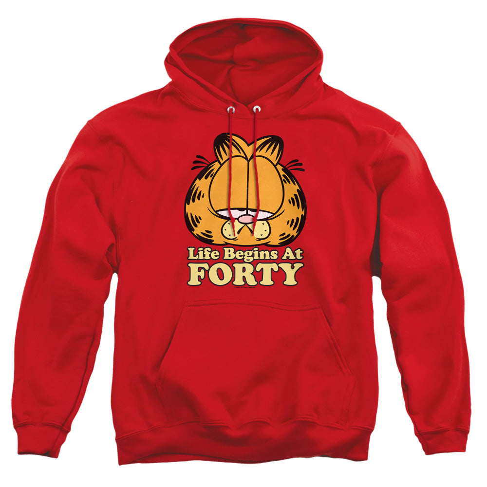AN OFFCIALLY LICENSED GARFIELD LIFE BEGINS AT FORTY ADULT UNISEX PULLOVER HOODIE RED