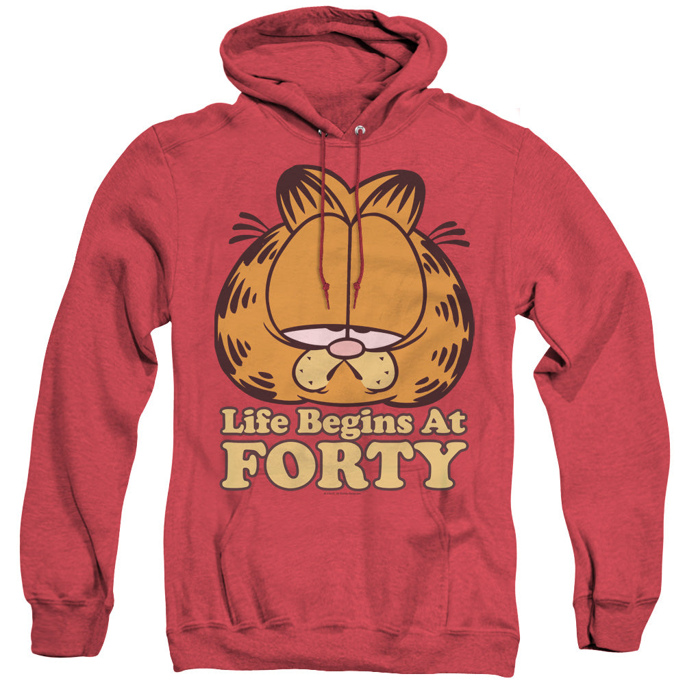 AN OFFCIALLY LICENSED GARFIELD LIFE BEGINS AT FORTY ADULT UNISEX HEATHER PULLOVER HOODIE RED
