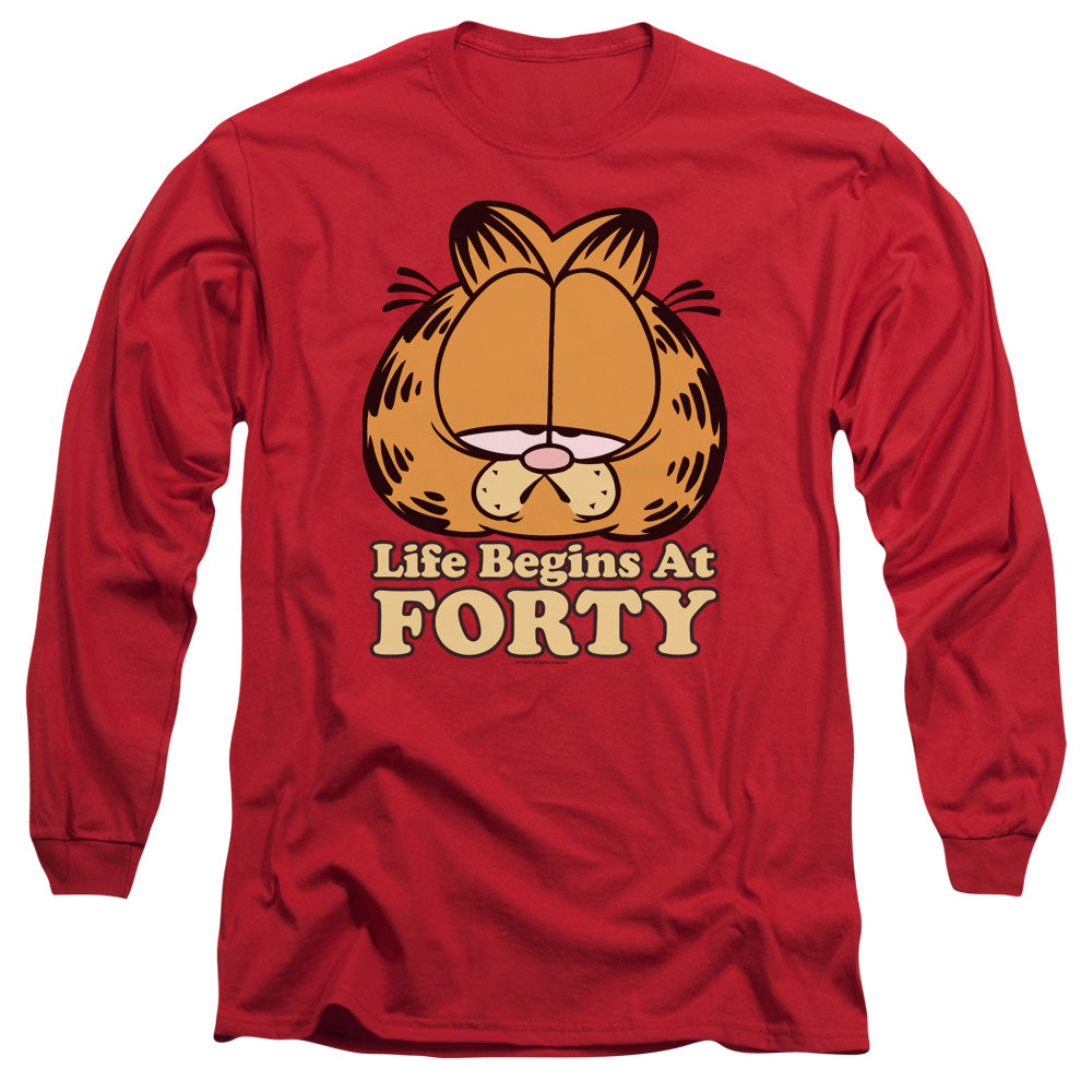 AN OFFCIALLY LICENSED GARFIELD LIFE BEGINS AT FORTY MEN'S LONG SLEEVE T-SHIRT RED