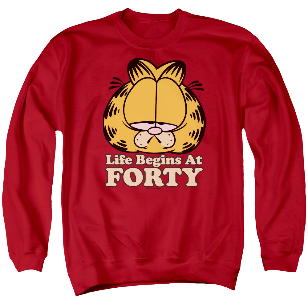 AN OFFCIALLY LICENSED GARFIELD LIFE BEGINS AT FORTY ADULT UNISEX CREWNECK SWEATSHIRT RED