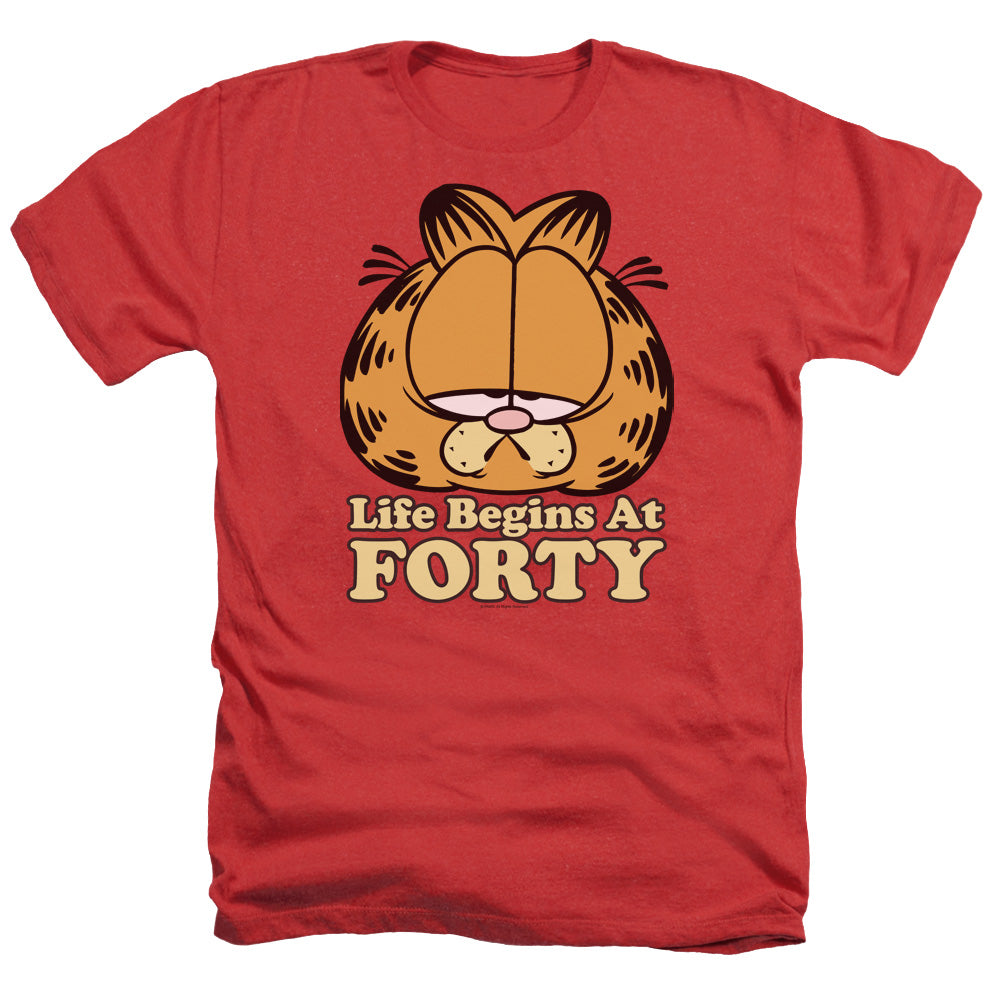 AN OFFCIALLY LICENSED GARFIELD LIFE BEGINS AT FORTY MEN'S HEATHER T-SHIRT RED