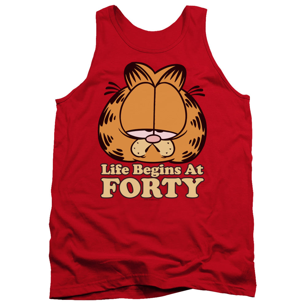 AN OFFCIALLY LICENSED GARFIELD LIFE BEGINS AT FORTY ADULT UNISEX TANK TOP RED
