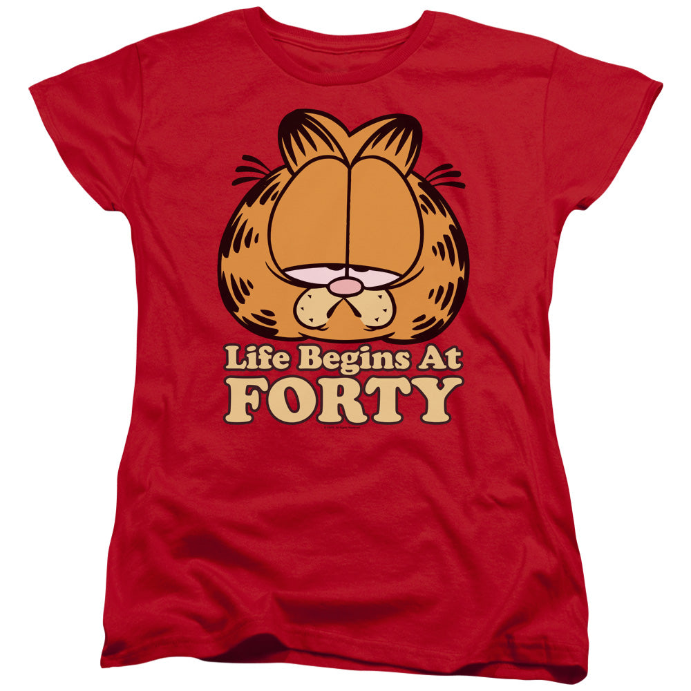 AN OFFCIALLY LICENSED GARFIELD LIFE BEGINS AT FORTY WOMEN'S REGULAR FIT T-SHIRT RED