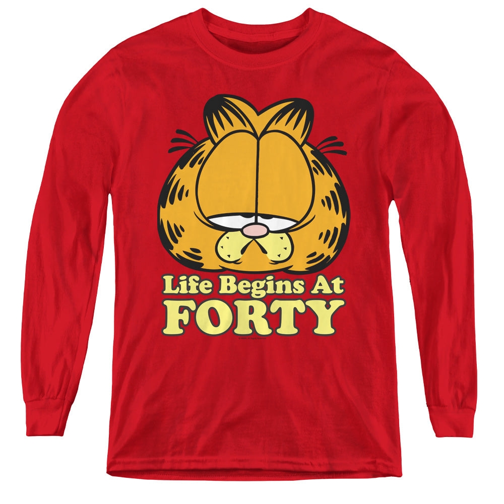 AN OFFCIALLY LICENSED GARFIELD LIFE BEGINS AT FORTY YOUTH LONG SLEEVE T-SHIRT RED