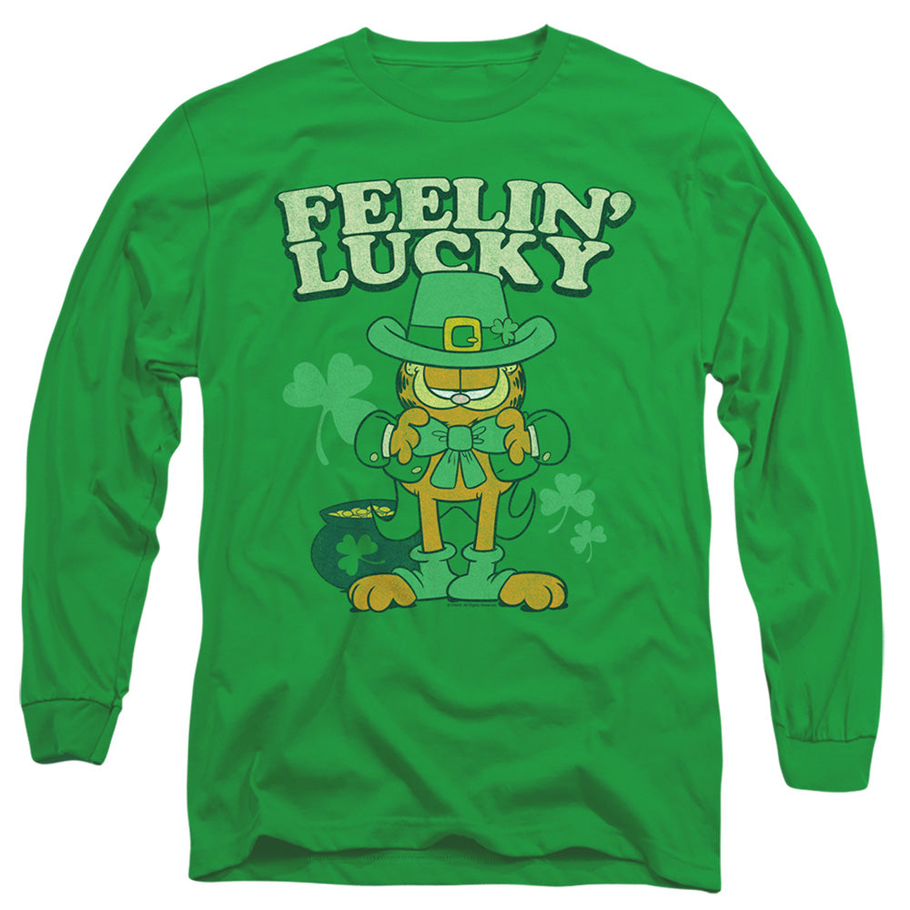 AN OFFCIALLY LICENSED GARFIELD FEELIN LUCKY MEN'S LONG SLEEVE T-SHIRT KELLY GREEN