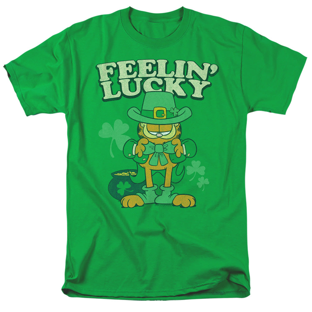 AN OFFCIALLY LICENSED GARFIELD FEELIN LUCKY MEN'S REGULAR FIT T-SHIRT KELLY GREEN