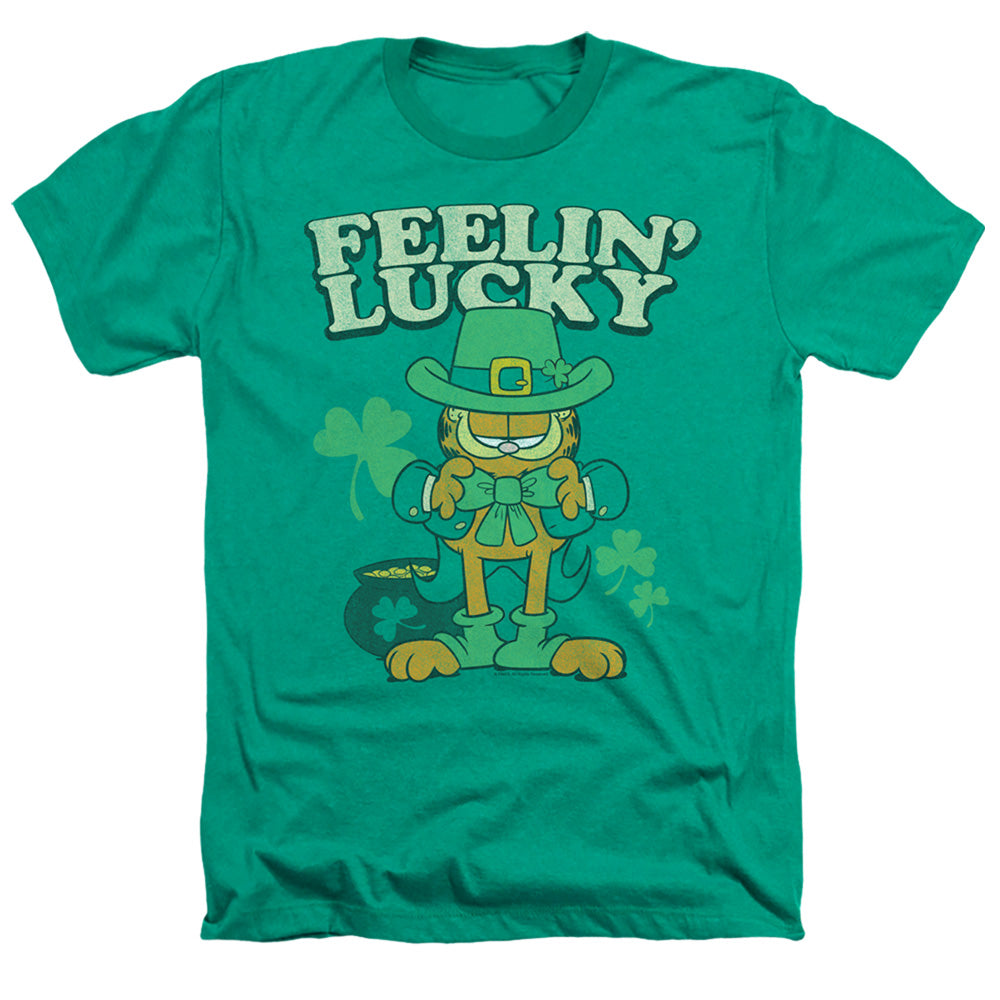 AN OFFCIALLY LICENSED GARFIELD FEELIN LUCKY MEN'S HEATHER T-SHIRT KELLY GREEN