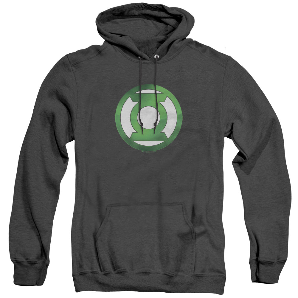 AN OFFCIALLY LICENSED GREEN LANTERN GREEN CHROME LOGO ADULT UNISEX HEATHER PULLOVER HOODIE BLACK