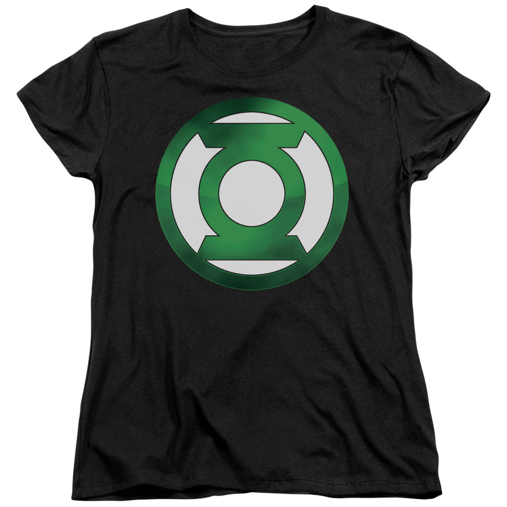 AN OFFCIALLY LICENSED GREEN LANTERN GREEN CHROME LOGO WOMEN'S REGULAR FIT T-SHIRT BLACK