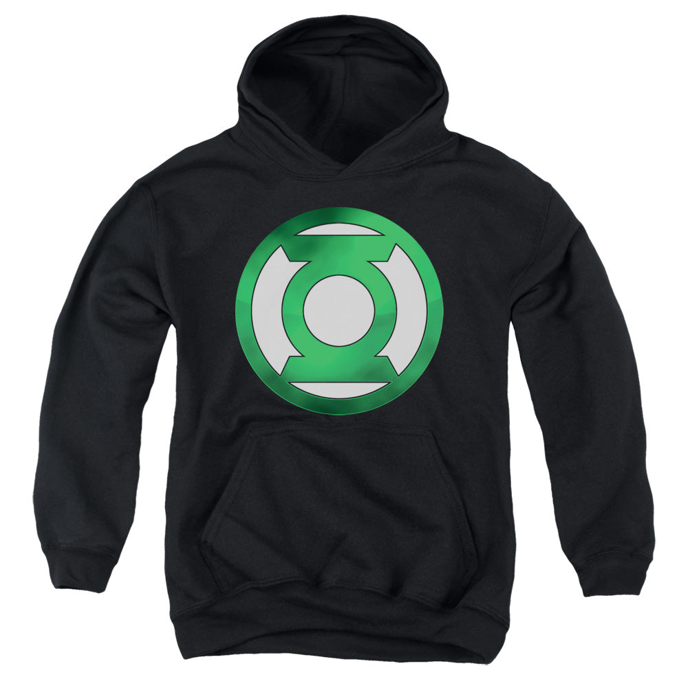 AN OFFCIALLY LICENSED GREEN LANTERN GREEN CHROME LOGO YOUTH HOODIE BLACK