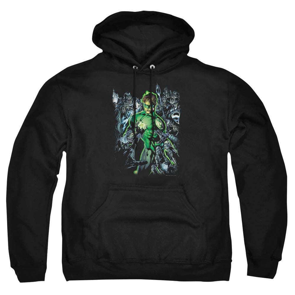 AN OFFCIALLY LICENSED GREEN LANTERN SURROUNDED BY DEATH ADULT UNISEX PULLOVER HOODIE BLACK