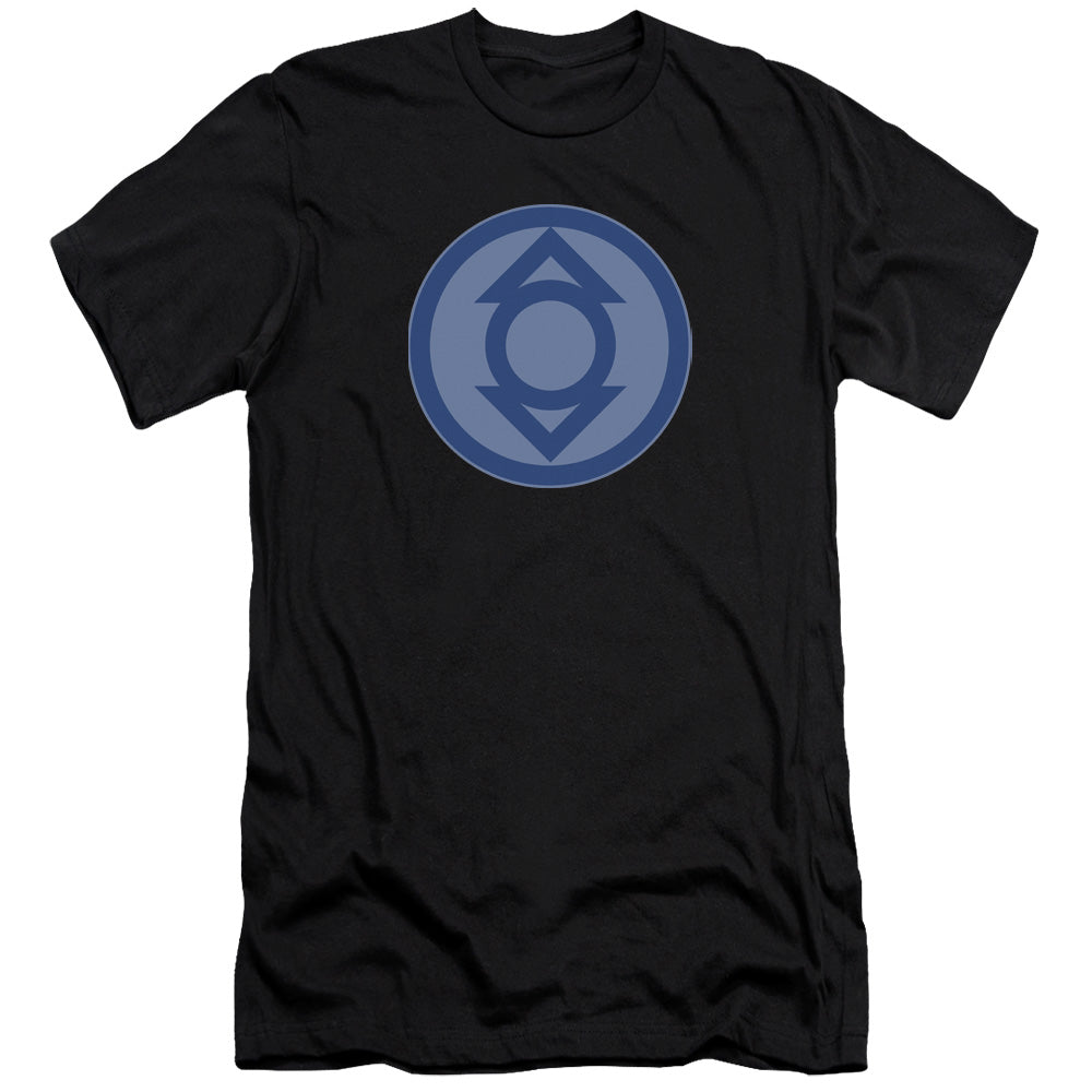 AN OFFCIALLY LICENSED GREEN LANTERN INDIGO SYMBOL MEN'S PREMIUM SLIM FIT T-SHIRT BLACK