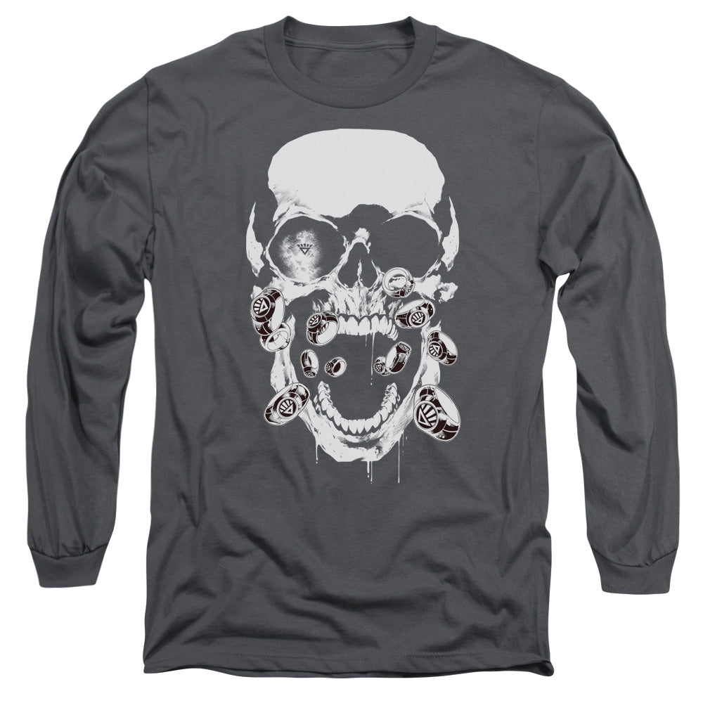 AN OFFCIALLY LICENSED GREEN LANTERN BLACK LANTERN SKULL MEN'S LONG SLEEVE T-SHIRT CHARCOAL