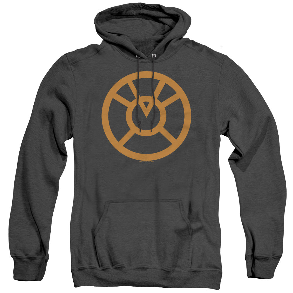 AN OFFCIALLY LICENSED GREEN LANTERN ORANGE EMBLEM ADULT UNISEX HEATHER PULLOVER HOODIE BLACK