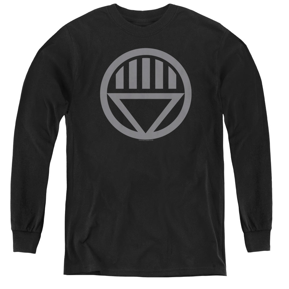 AN OFFCIALLY LICENSED GREEN LANTERN GREY EMBLEM YOUTH LONG SLEEVE T-SHIRT BLACK