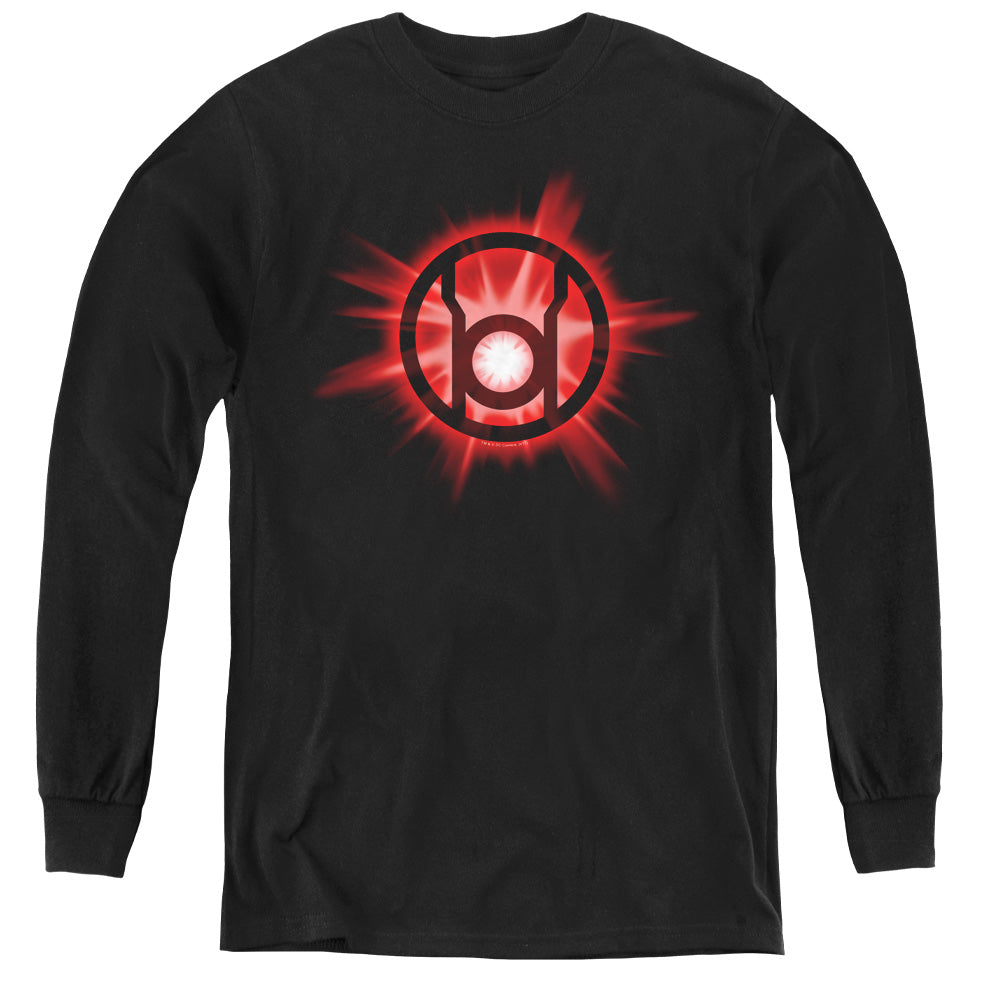 AN OFFCIALLY LICENSED GREEN LANTERN RED GLOW YOUTH LONG SLEEVE T-SHIRT BLACK