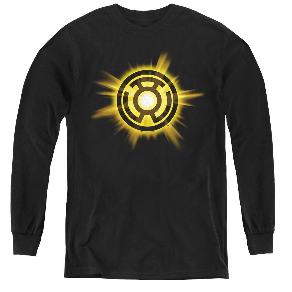 AN OFFCIALLY LICENSED GREEN LANTERN YELLOW GLOW YOUTH LONG SLEEVE T-SHIRT BLACK