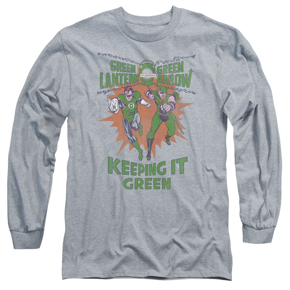 AN OFFCIALLY LICENSED GREEN LANTERN KEEPING IT GREEN MEN'S LONG SLEEVE T-SHIRT ATHLETIC HEATHER