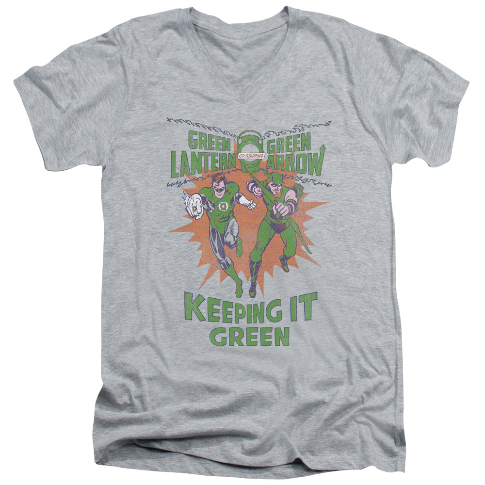 AN OFFCIALLY LICENSED GREEN LANTERN KEEPING IT GREEN MEN'S V-NECK T-SHIRT ATHLETIC HEATHER