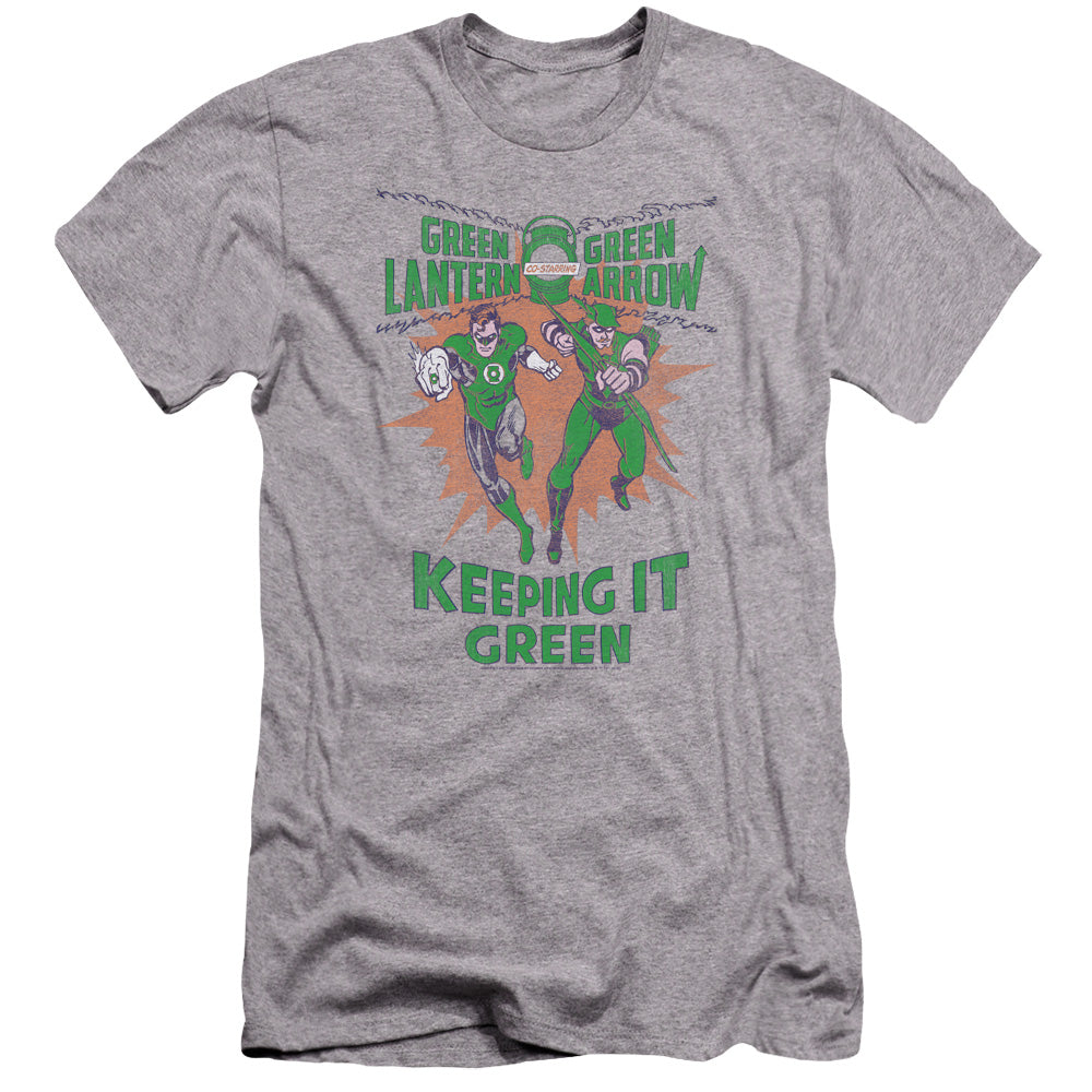 AN OFFCIALLY LICENSED GREEN LANTERN KEEPING IT GREEN MEN'S PREMIUM SLIM FIT T-SHIRT ATHLETIC HEATHER