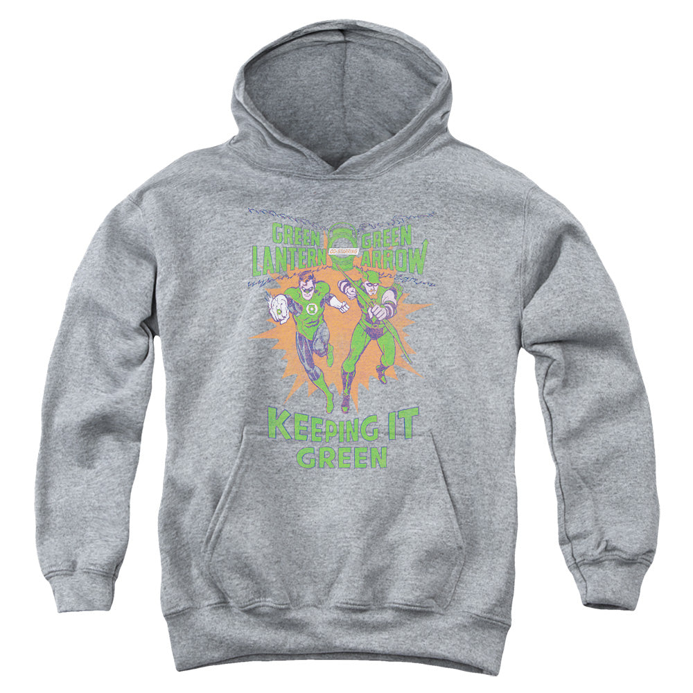 AN OFFCIALLY LICENSED GREEN LANTERN KEEPING IT GREEN YOUTH HOODIE ATHLETIC HEATHER