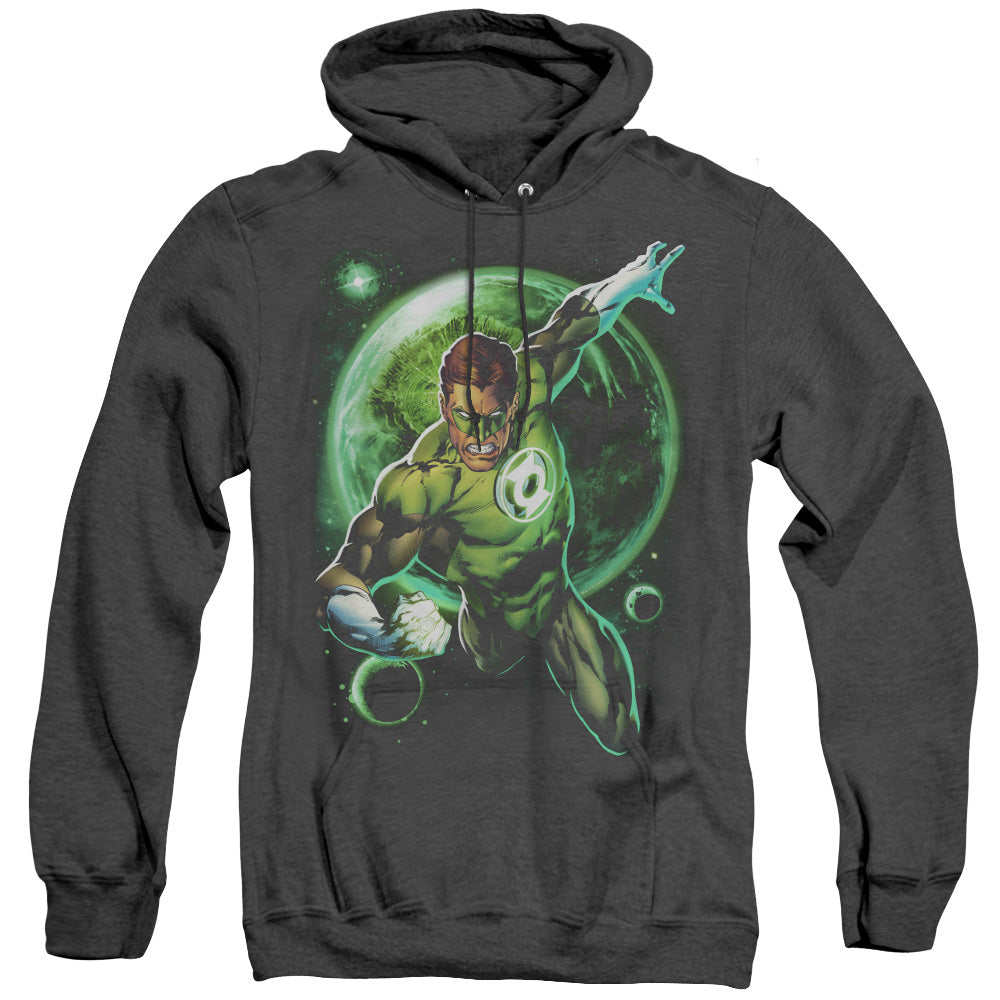 AN OFFCIALLY LICENSED GREEN LANTERN GALAXY GLOW ADULT UNISEX HEATHER PULLOVER HOODIE BLACK