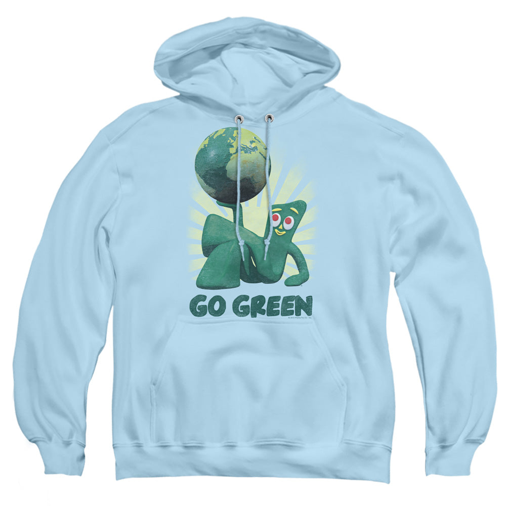 AN OFFCIALLY LICENSED GUMBY GO GREEN ADULT UNISEX PULLOVER HOODIE LIGHT BLUE