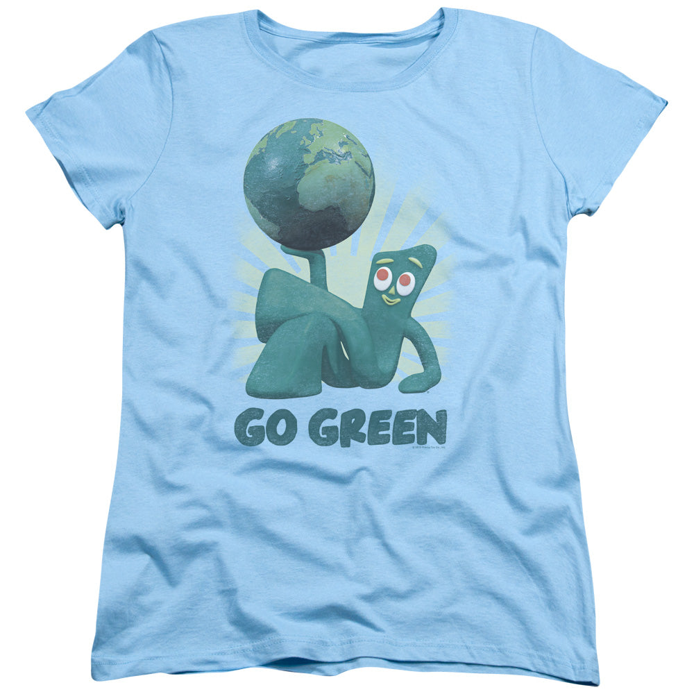 AN OFFCIALLY LICENSED GUMBY GO GREEN WOMEN'S REGULAR FIT T-SHIRT LIGHT BLUE