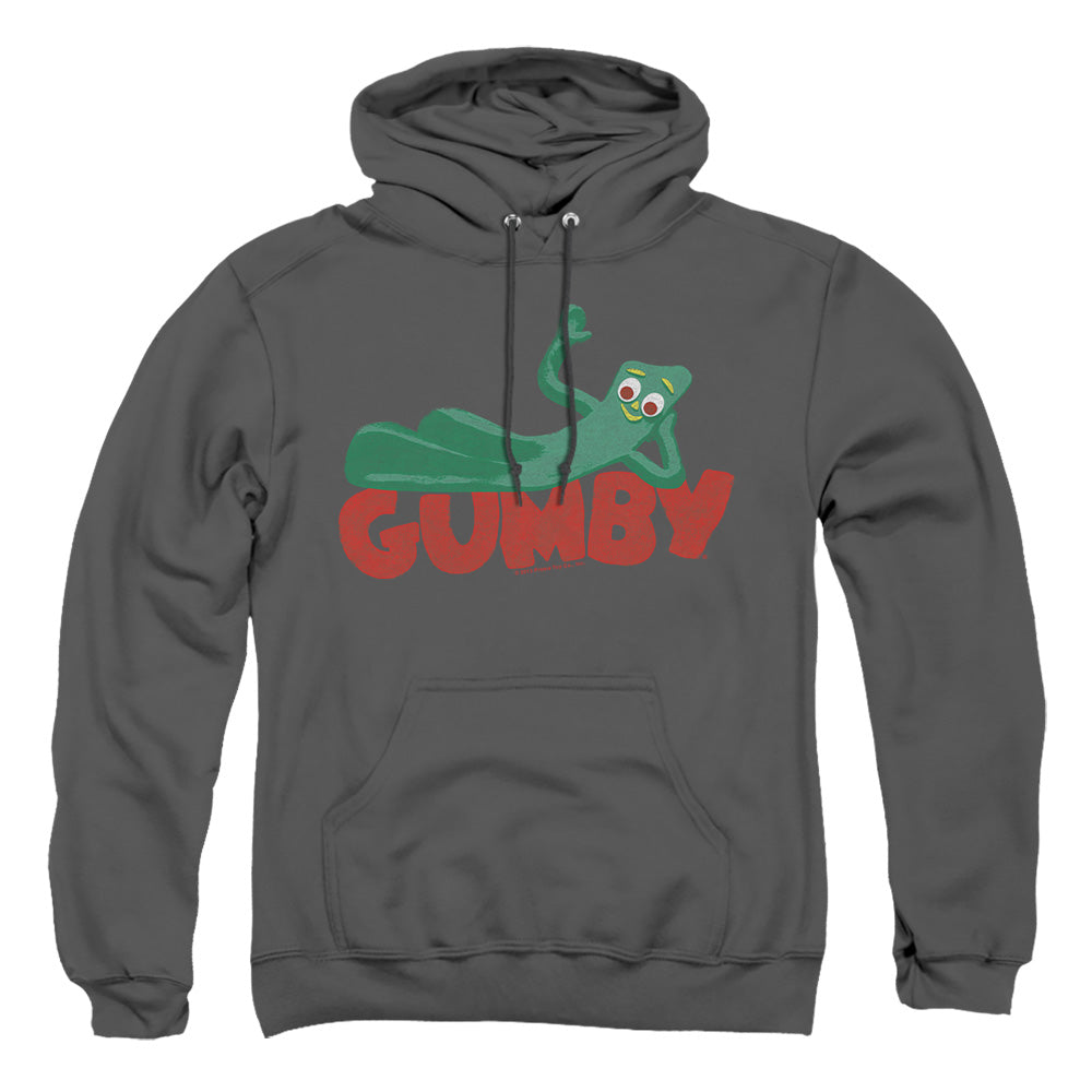 AN OFFCIALLY LICENSED GUMBY ON LOGO ADULT UNISEX PULLOVER HOODIE CHARCOAL