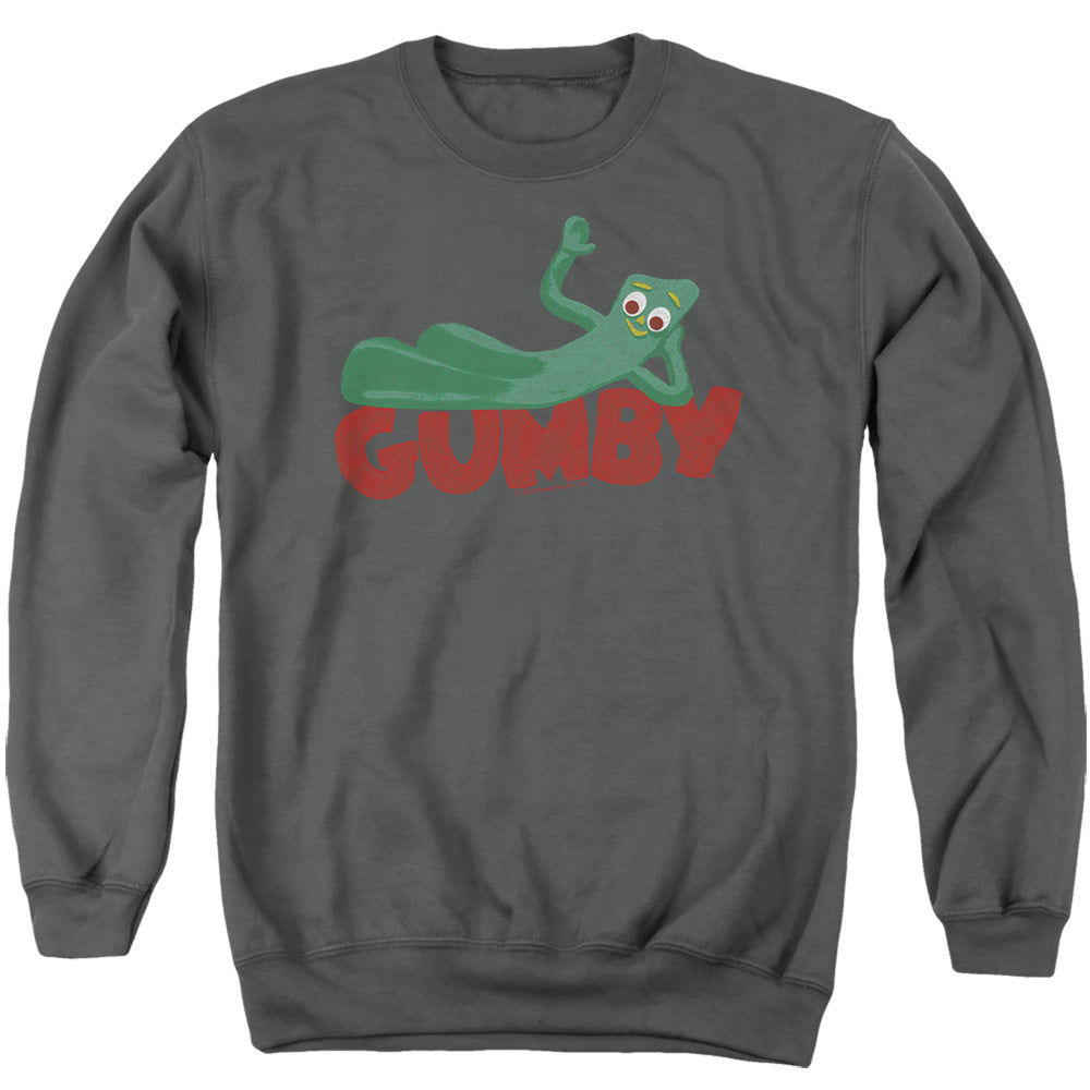 AN OFFCIALLY LICENSED GUMBY ON LOGO ADULT UNISEX CREWNECK SWEATSHIRT CHARCOAL