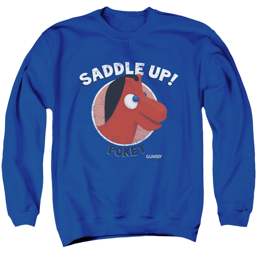 AN OFFCIALLY LICENSED GUMBY SADDLE UP ADULT UNISEX CREWNECK SWEATSHIRT ROYAL