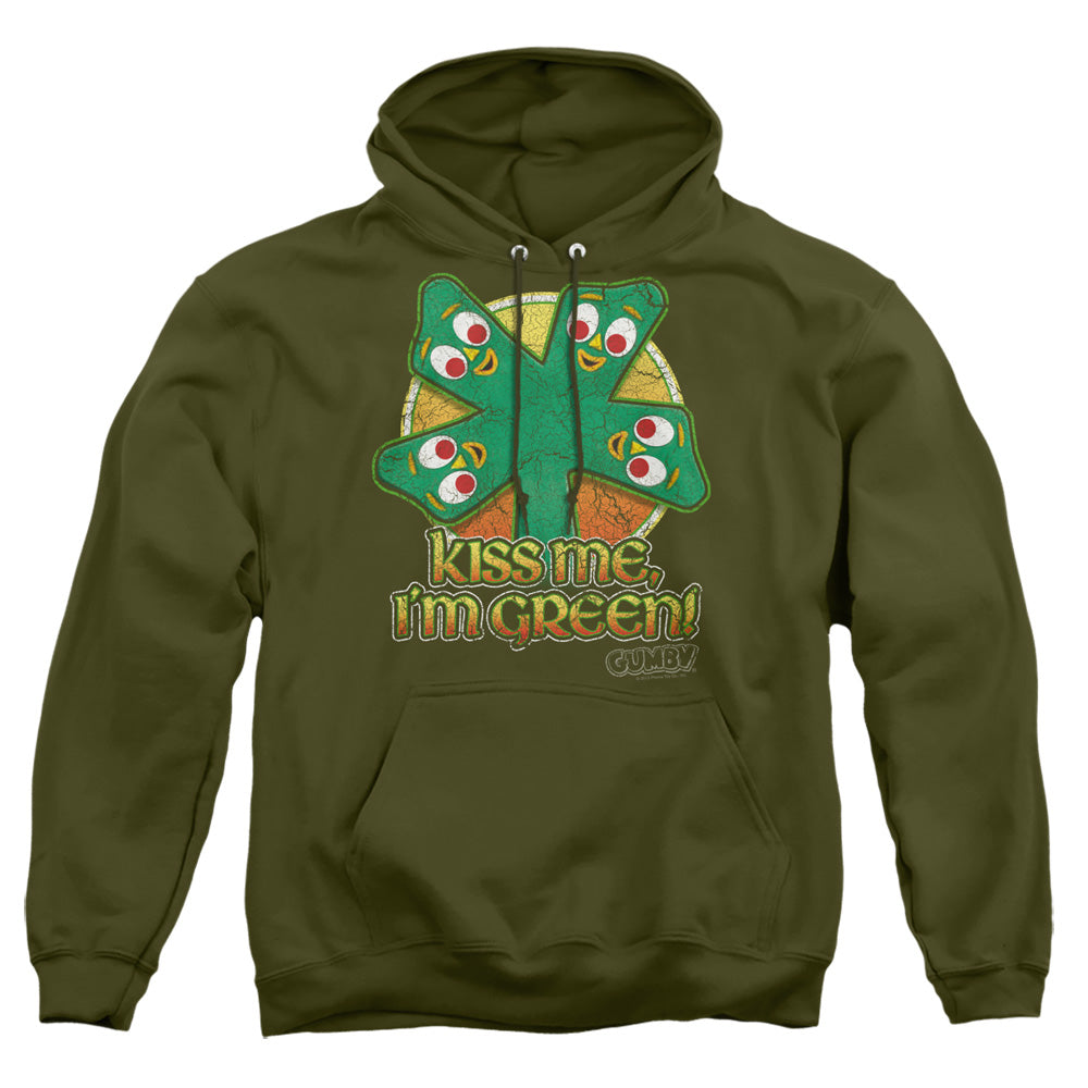 AN OFFCIALLY LICENSED GUMBY KISS ME ADULT UNISEX PULLOVER HOODIE MILITARY GREEN