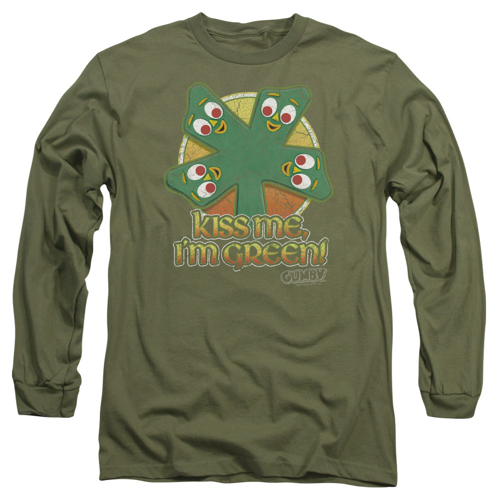 AN OFFCIALLY LICENSED GUMBY KISS ME MEN'S LONG SLEEVE T-SHIRT MILITARY GREEN