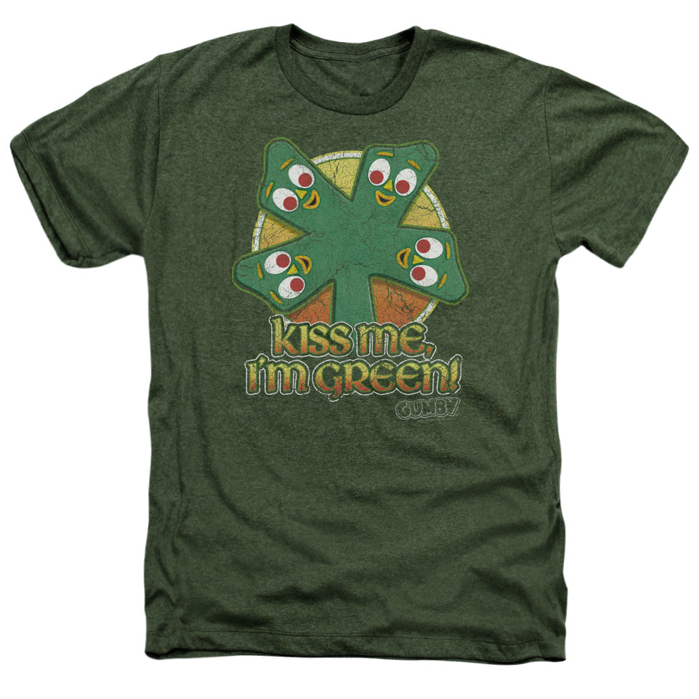 AN OFFCIALLY LICENSED GUMBY KISS ME MEN'S HEATHER T-SHIRT MILITARY GREEN