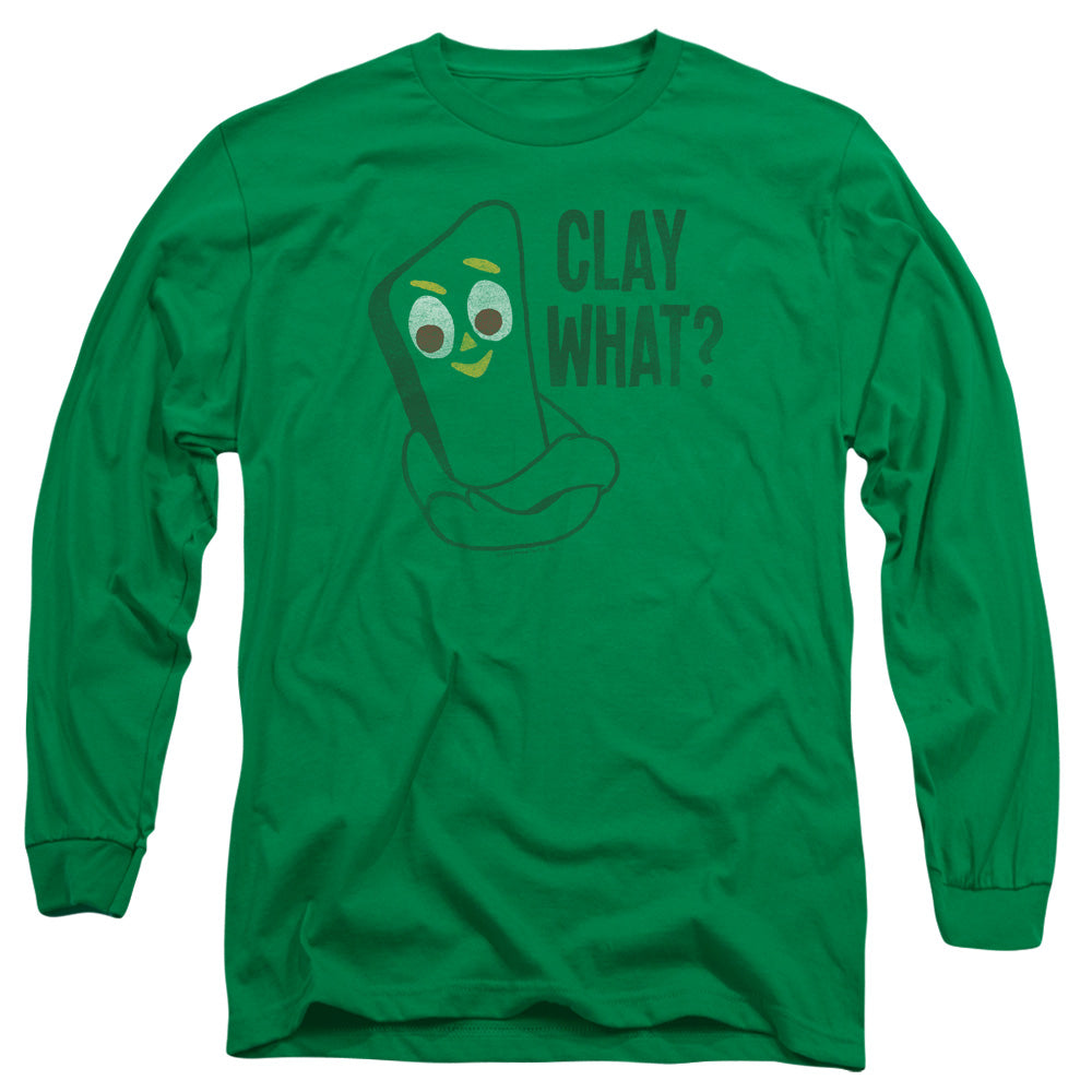 AN OFFCIALLY LICENSED GUMBY CLAY WHAT MEN'S LONG SLEEVE T-SHIRT KELLY GREEN