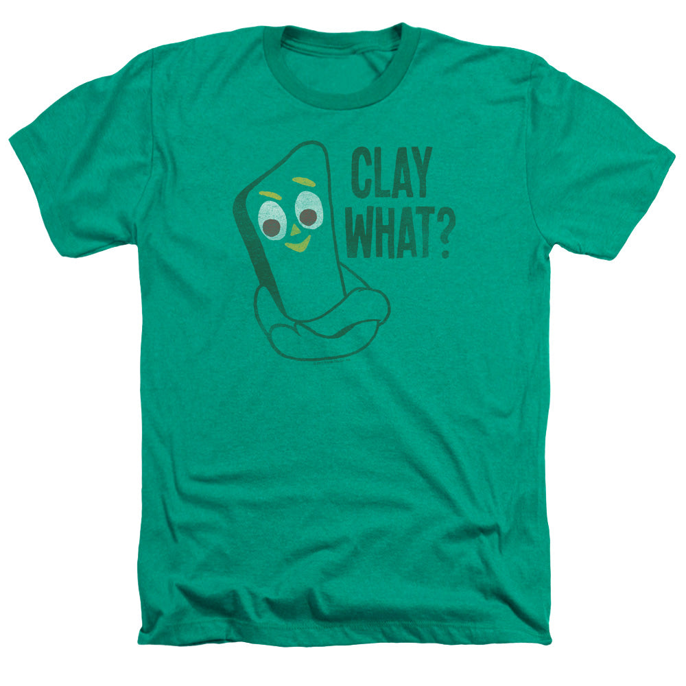 AN OFFCIALLY LICENSED GUMBY CLAY WHAT MEN'S HEATHER T-SHIRT KELLY GREEN