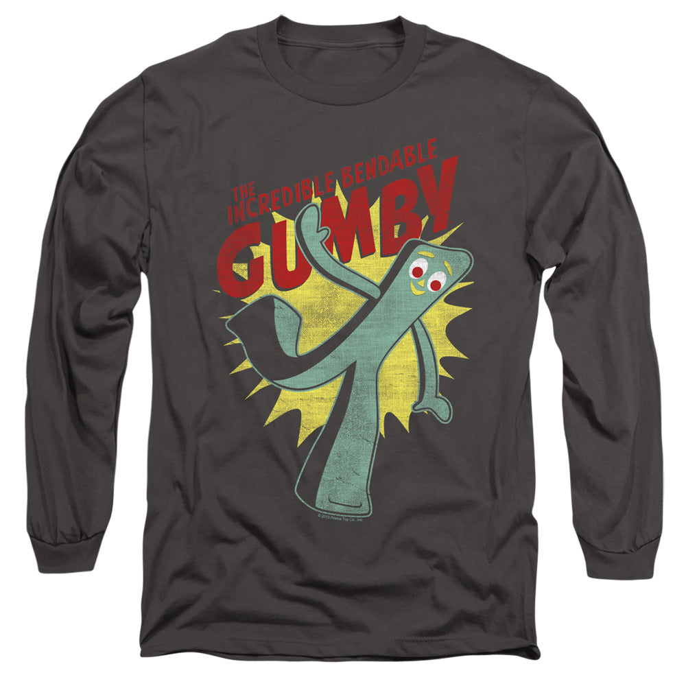 AN OFFCIALLY LICENSED GUMBY BENDABLE MEN'S LONG SLEEVE T-SHIRT CHARCOAL