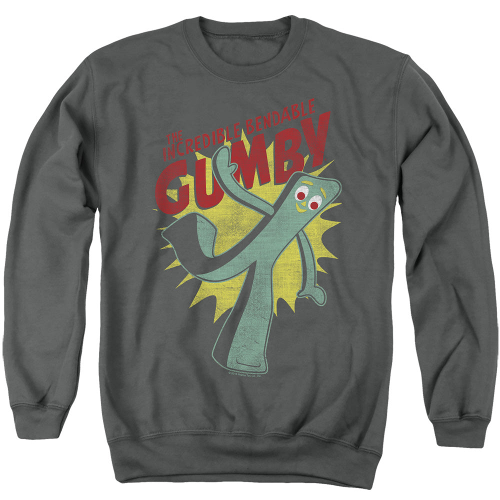 AN OFFCIALLY LICENSED GUMBY BENDABLE ADULT UNISEX CREWNECK SWEATSHIRT CHARCOAL