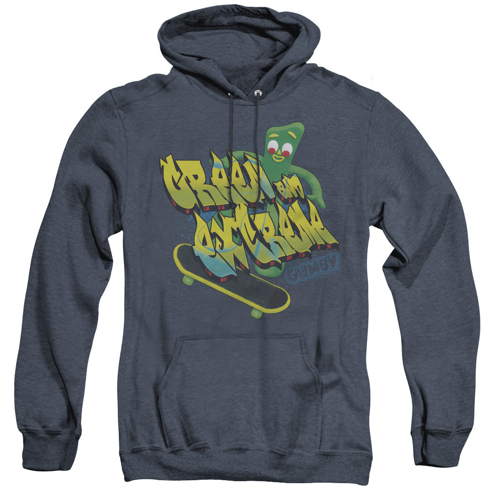 AN OFFCIALLY LICENSED GUMBY GREEN AND EXTREME ADULT UNISEX HEATHER PULLOVER HOODIE NAVY