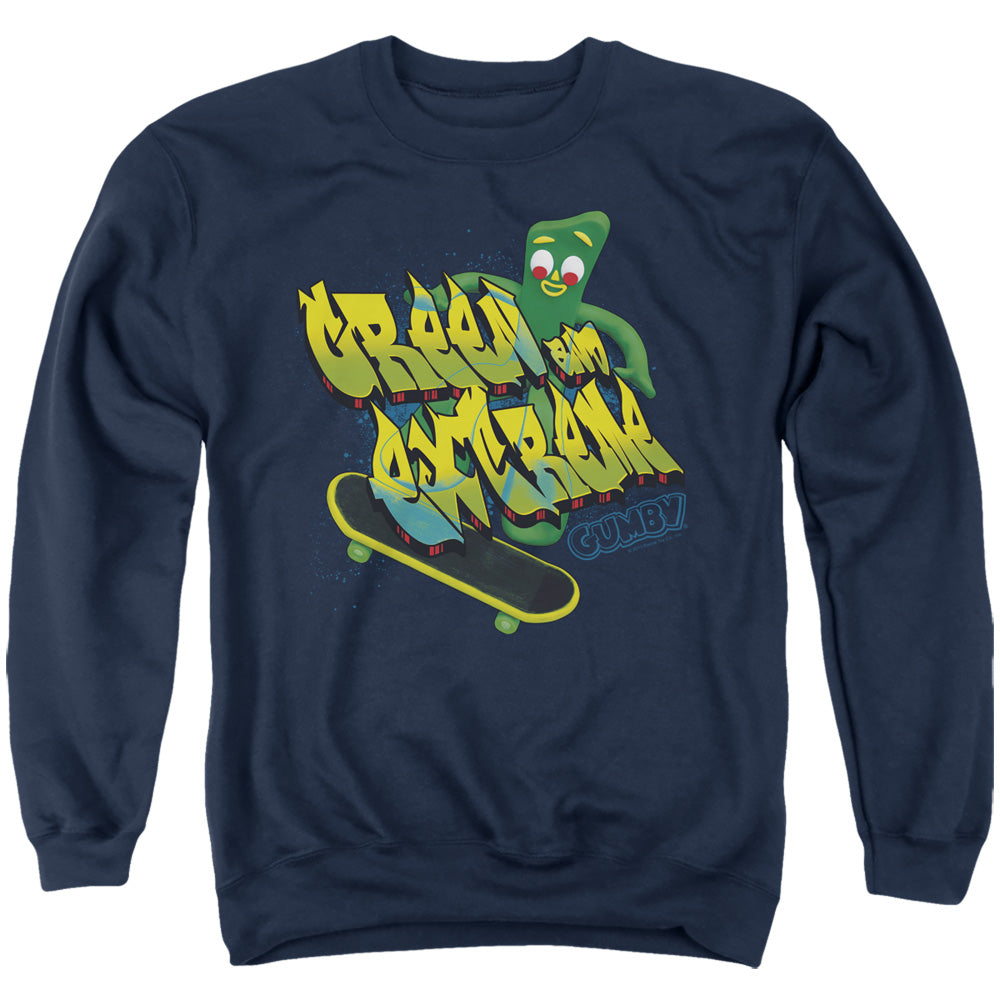 AN OFFCIALLY LICENSED GUMBY GREEN AND EXTREME ADULT UNISEX CREWNECK SWEATSHIRT NAVY