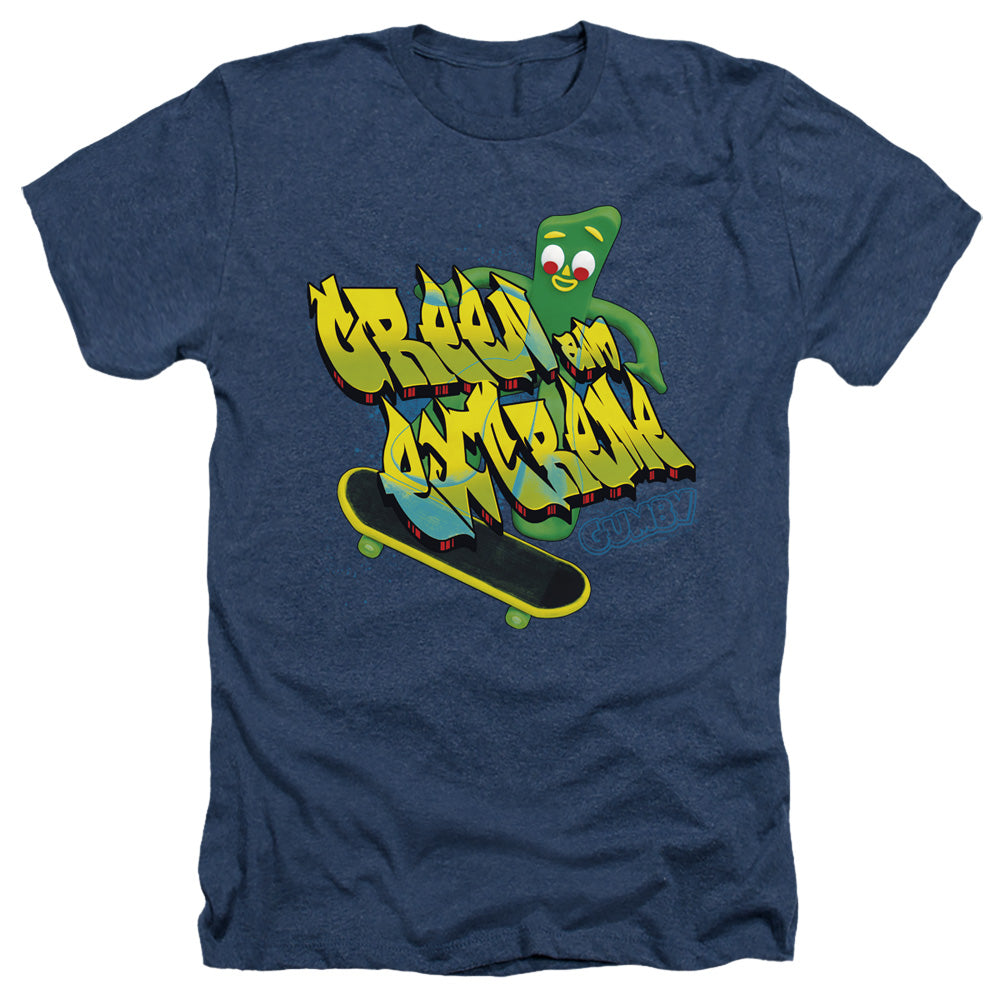 AN OFFCIALLY LICENSED GUMBY GREEN AND EXTREME MEN'S HEATHER T-SHIRT NAVY