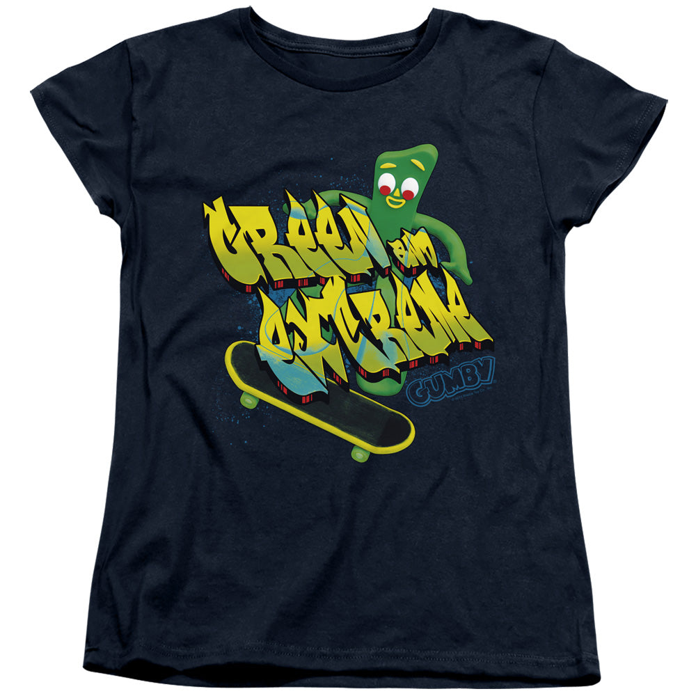 AN OFFCIALLY LICENSED GUMBY GREEN AND EXTREME WOMEN'S REGULAR FIT T-SHIRT NAVY