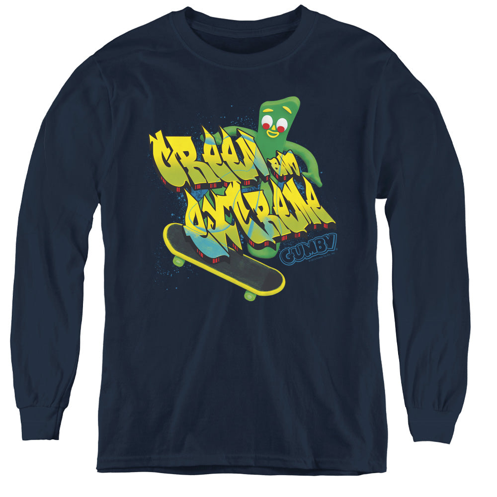AN OFFCIALLY LICENSED GUMBY GREEN AND EXTREME YOUTH LONG SLEEVE T-SHIRT NAVY