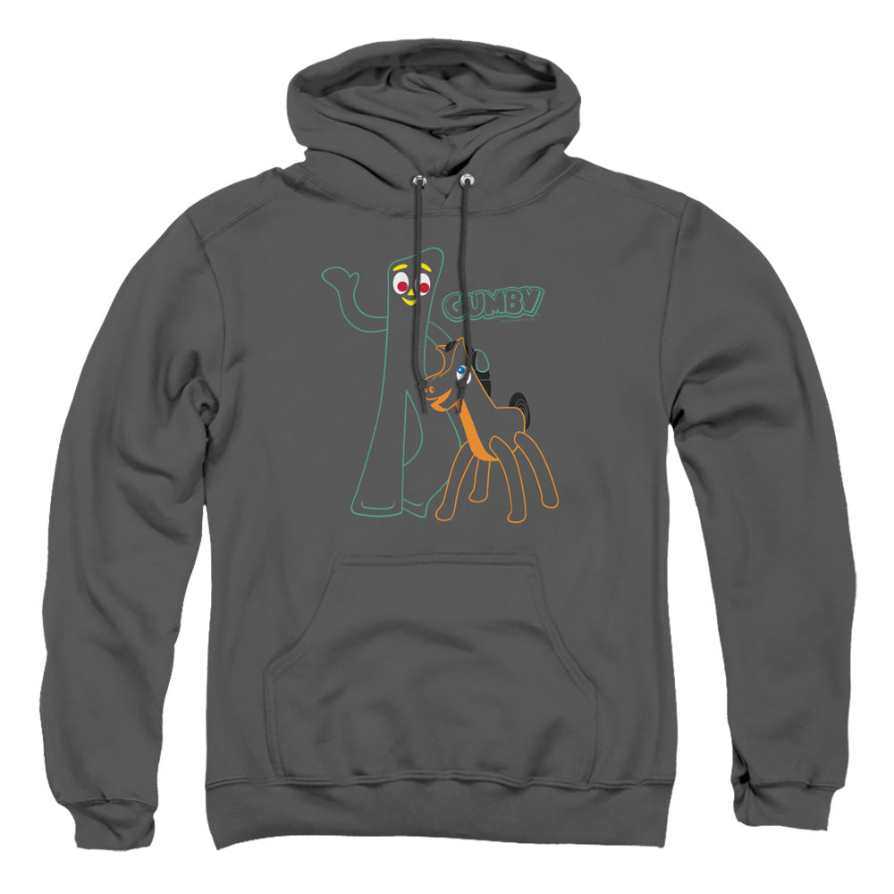 AN OFFCIALLY LICENSED GUMBY OUTLINES ADULT UNISEX PULLOVER HOODIE CHARCOAL