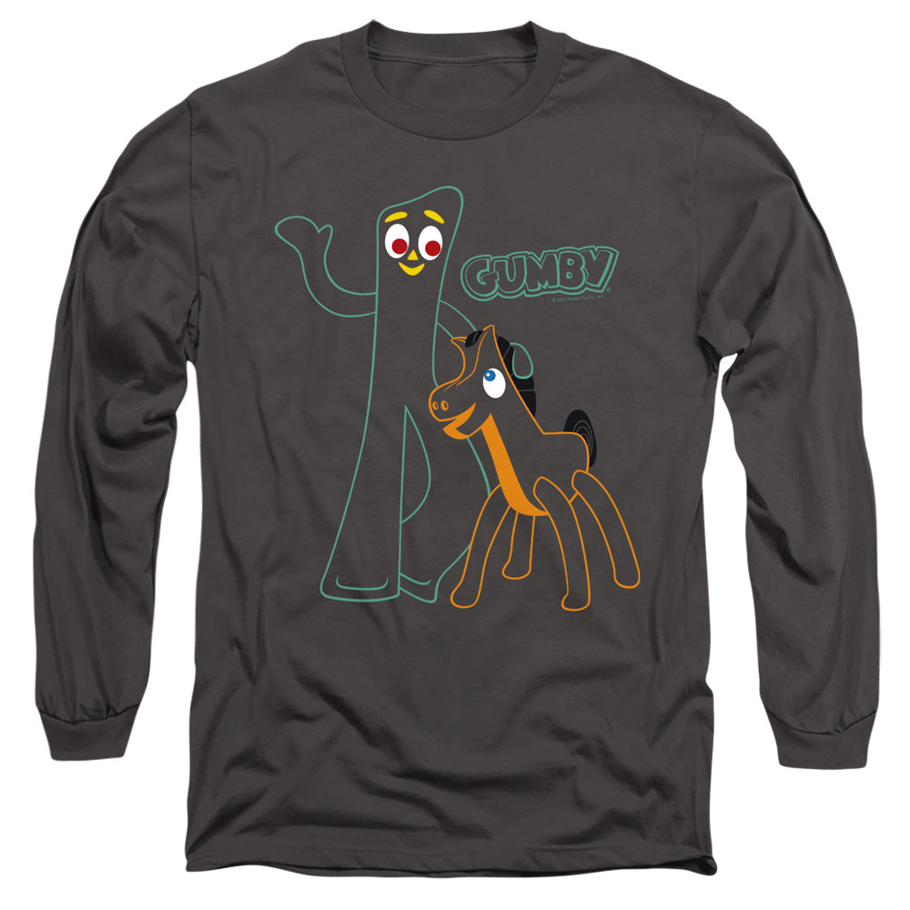 AN OFFCIALLY LICENSED GUMBY OUTLINES MEN'S LONG SLEEVE T-SHIRT CHARCOAL