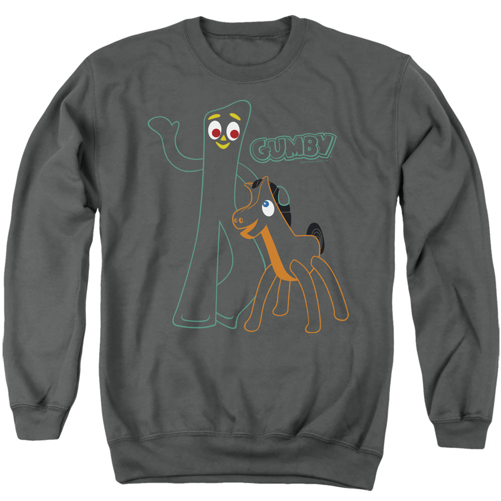 AN OFFCIALLY LICENSED GUMBY OUTLINES ADULT UNISEX CREWNECK SWEATSHIRT CHARCOAL